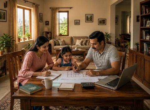 Family discussing their new home purchase