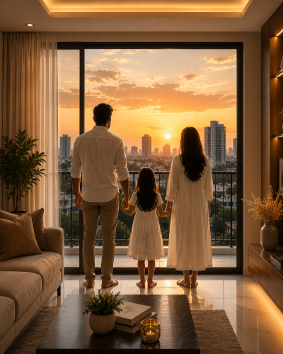 Family viewing a modern city from their home